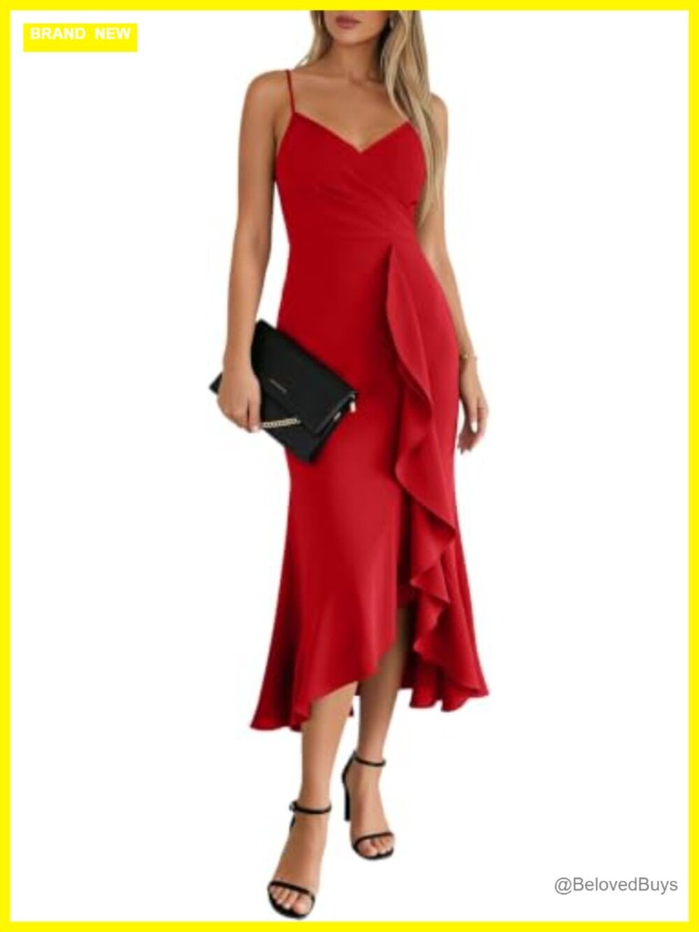 OWIN Women's V-Neck Spaghetti Strap Bodycon Midi Cocktail Dress Ruffle
